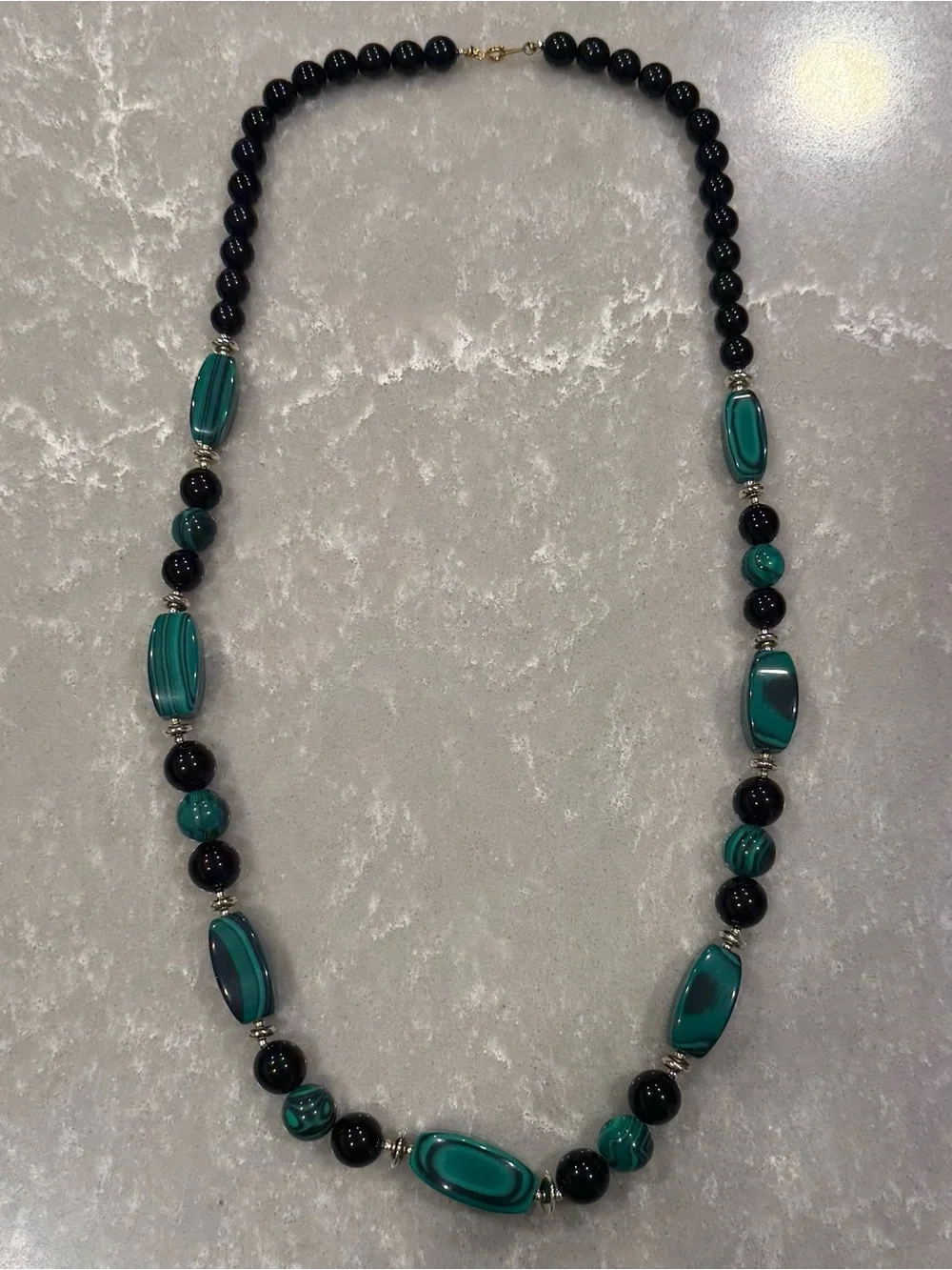 Vintage Malachite Onyx Beaded Statement Necklace Green Black 30”